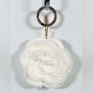White Crochet Flower Bag Charm W/ Gold Tone Bling Ring